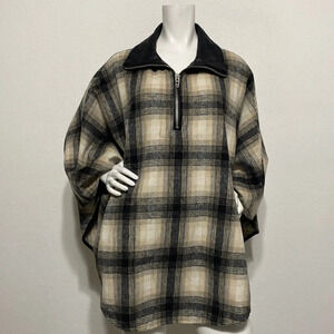 Blank NYC Women's Check Plaid Zip Quarter Zip Faux Leather Collar Poncho Cape OS